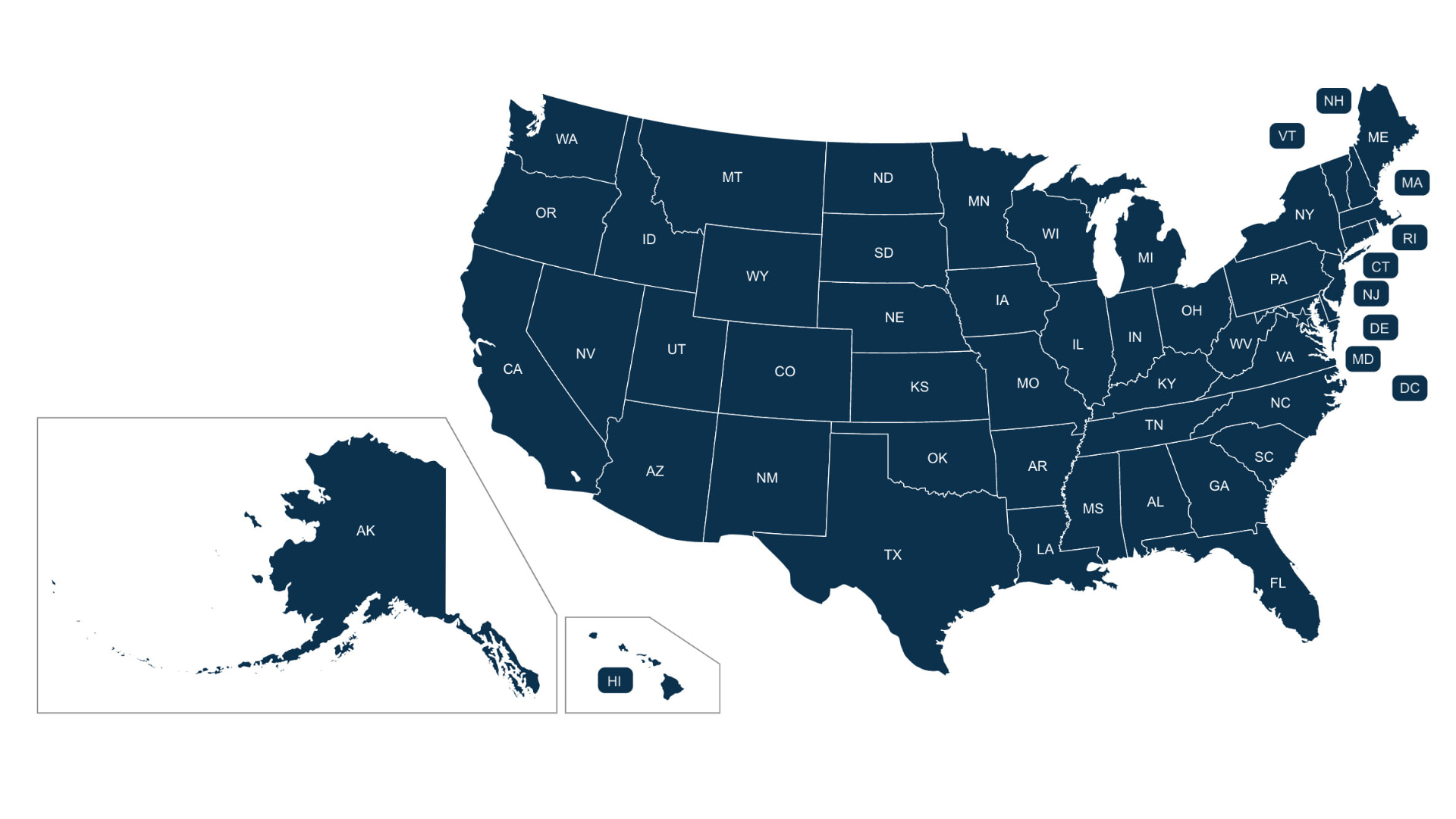 Map of all 50 United States, including Alaska and Hawaii, showing nationwide coverage