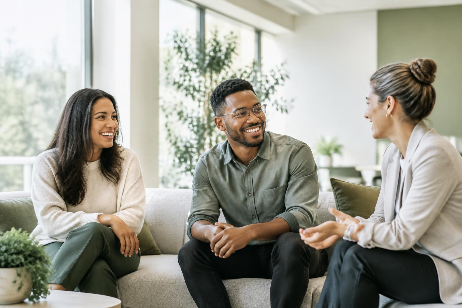 Happy employees talking together in a bright workplace